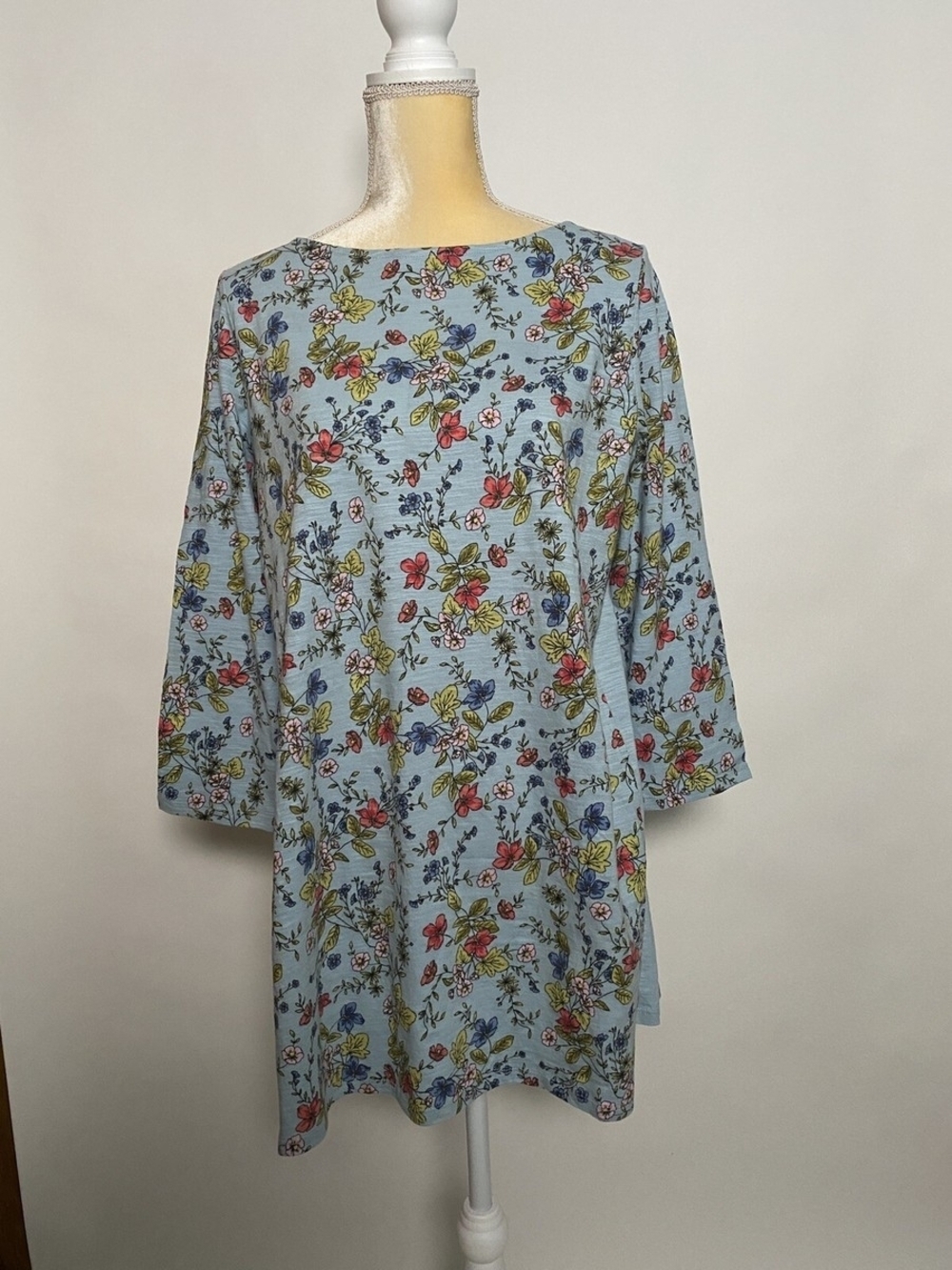 J. Jill Blue Floral Casual Dress with Pink & Yellow Accents